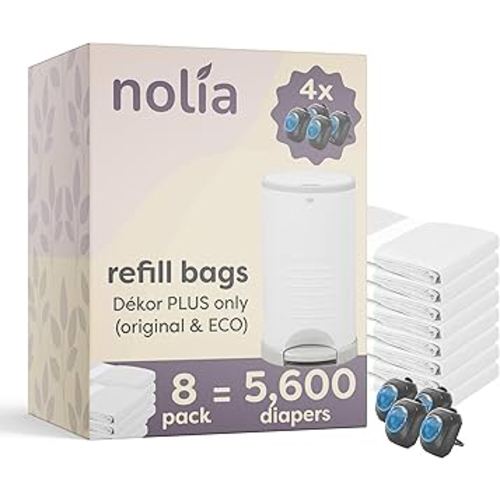 Nolia Refills for Dekor Plus Diaper Pail – 8 Pack Holds 5,600 Diapers – Fresh Powder Scent Bags – Leak & Tear Resistant – Includes 4 Bonus Scented Fresh Packs