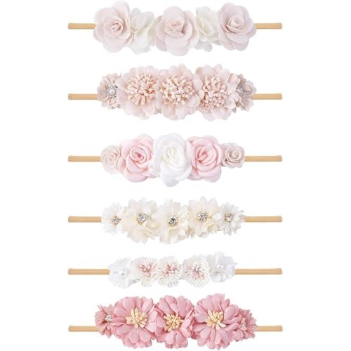 OOSAKU Baby Girl Flower Headbands Set Elastic Floral Headbands 6pcs Soft Nylon Hair Band for Newborn Toddler Hair Accessories