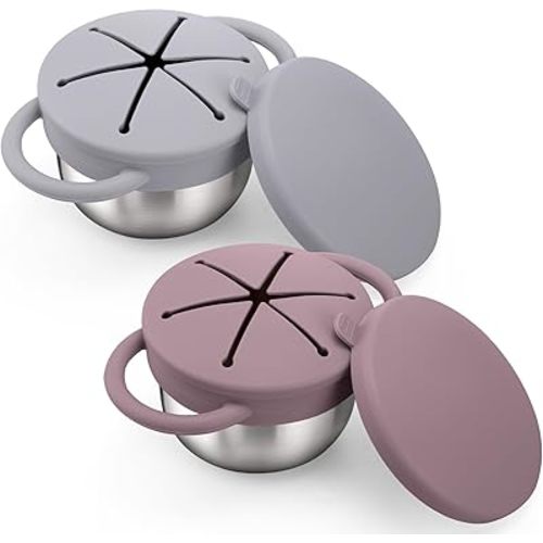 BUSOHA 2 Pack Stainless Steel Toddler Snack Cups - 9 OZ Snack Cups for Toddlers Spill Proof with Catcher and Lid Travel Snack Containers for Kids Food Grade Silicone Dishwasher Safe
