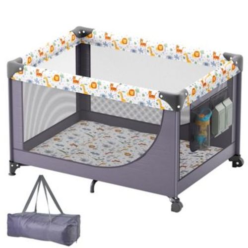 VEVOR Baby Playpen Travel Crib, Quick-Folding Playpen for Baby & Toddler,Portable Baby Fence Play Yard with Wheels,Breathable Mesh & Travel Bag, Gray