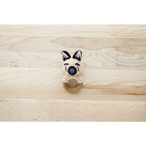 Crochet German Shepherd Dog Rattle Wooden Teether – baby toy, handmade to order