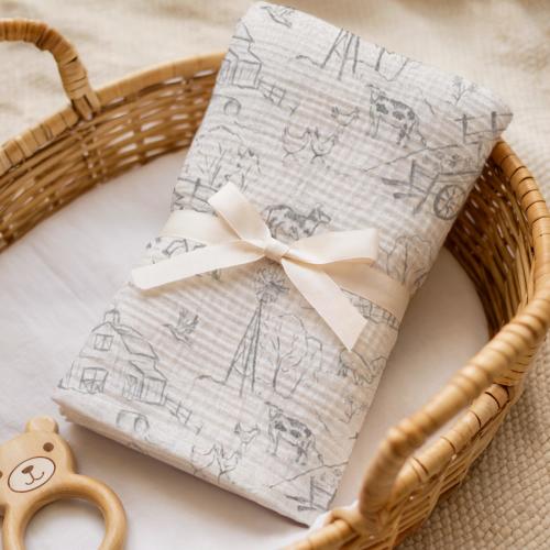 Farmhouse Muslin Swaddle Blanket | Hand-Painted Farm Animals, Neutral Nursery Decor