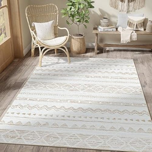 JINCHAN Area Rug 5x7 Bedroom Living Room Carpet Boho Moroccan Floor Cover | Thin Chenille Sketch Geometric Bohemia Mat Dimond Non Slip Washable Carpet for Office Home Decor, Taupe