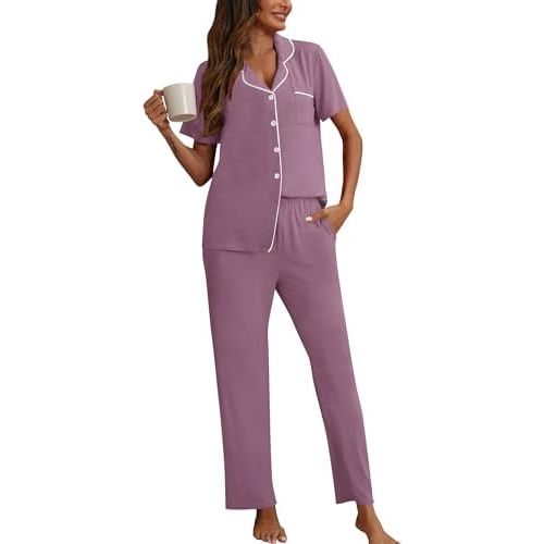HNG Women Pajamas Set 2 Piece Button Up Pajamas Pant and Short Sleeve Shirt for Woman Pj Sets with Pocket