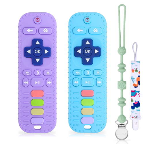 2 Pack Baby Teething Toys for 6-12 Months, Remote Control Silicone Teething Toys for Baby Sensory Toys Christmas Gifts(Blue&Purple)