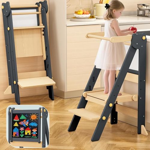 Foldable Toddler Tower, Wooden Toddler Kitchen Stool with 3 Adjustable Heights and Removable White/Blackboard, Montessori Foldable Learning Tower Kitchen Stool, Natural Wood