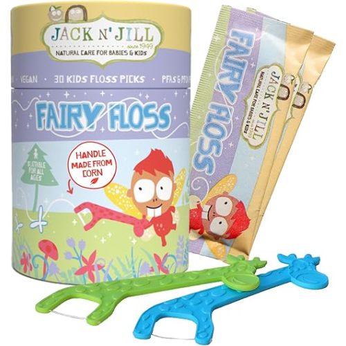 Jack N' Jill Fairy Floss Dental Flossers - Slides Easily Between Teeth, Handles Made from Plants (Corn), Make Flossing Fun for Kids, Kids First Floss, Vegan - 30 Individually Wrapped Flossers