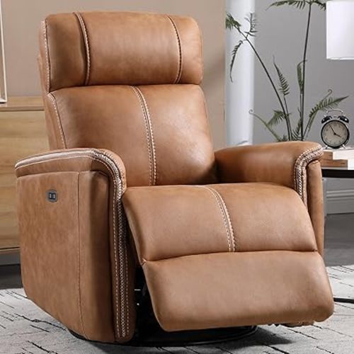 CANMOV Faux Leather Power Swivel Rocker Recliner,Glider Recliner for Nursery,Electric Swivel Rocker with USB Port,Upholstered Nursery Glider Reclining Sofa for Living Room,Brown