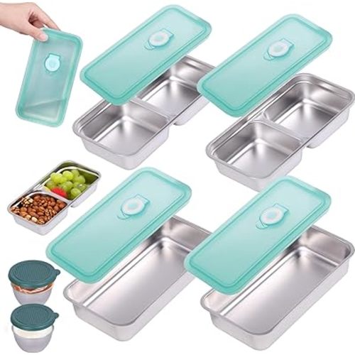 6 Pack Stainless Steel Snack Containers with Lids, 2-Compartment Bento Box, Lunch Box & Salad Dressing Container To Go, Leakproof Food Storage for Adults, Dishwasher Safe for Travel Office