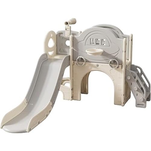 UNICOO® Kids Playground, Toddler Slide Playset w/Climber, Basketball Hoop, Tunnel, Ring Toss Game & Storage Space, Toddler Toys Outdoor & Indoor Slide for Toddlers 1-3 (KU-GD20) (White & Grey)