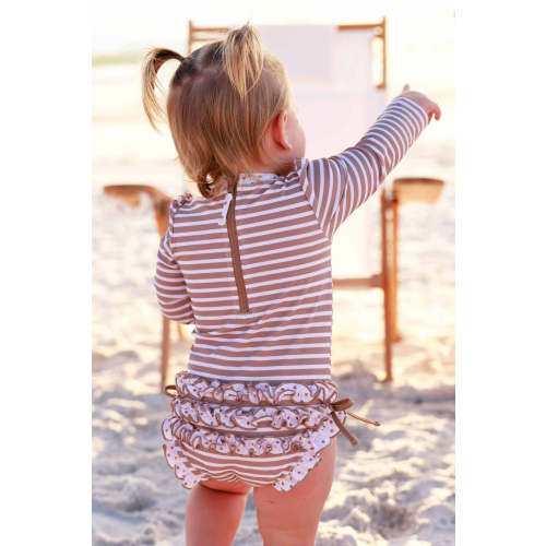 Long Sleeve Rash Guard With Ruffle Bottom | Sandy Stripes