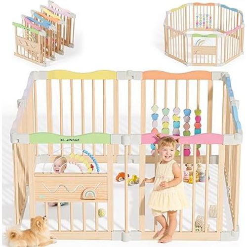 Foldable Wooden Baby Playpen - Adjustable Wood Play Yard, Indoor Large Safety Fence for Babies and Toddlers - Built-in Toys Design, 45 x 45 x 24 inches, Colorful Dream
