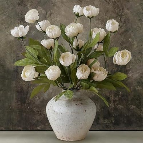 VIERENA 6 Pcs 27" Faux Silk Peony Artificial Flowers Stems for Vase (Cream)