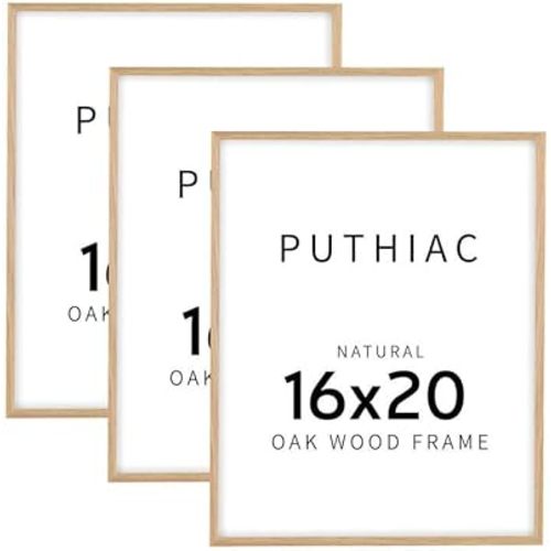 puthiac 16x20 Solid Oak Wood Picture Frame, Fits 12x16 with Mat or 16x20 Without Mat, Wall Display Only, Vertical or Horizontal, Plexi Front, 3 Pack, Natural Oak