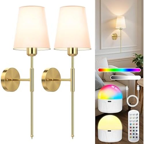 24 inch Battery Operated Wall Sconces Set of 2, Wireless Wall Lights with Rechargeable Bulbs & Remote, 15 Colors & Dimmable, Battery Powered Wall Lights for Bedroom, Living Room, Hallway