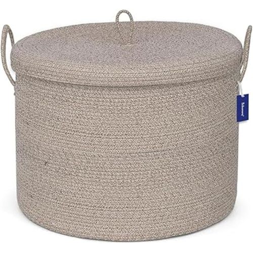 21" x 18" Extra Large storage baskets,Decorative blanket basket with lid for Living room,rope baskets with lid,wicker hamper for bedroom,Big,Round,Brow