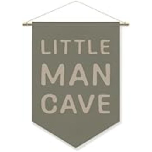 Little Man Cave Sage Green Canvas Pennant Banner Boys Room Decor 15x11 Inch | Sage Green Linen canvas pennant flag with wooden dowel and twine for boys nursery playroom and classroom wall decor