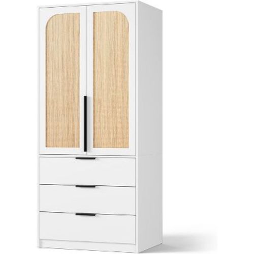 homfan Wardrobe Closet, 69.5" Wooden Wardrobe Cabinet with 3 Drawers, Hanging Rod, 2 Doors Clothing Storage Cabinet for Bedroom, Rattan Door