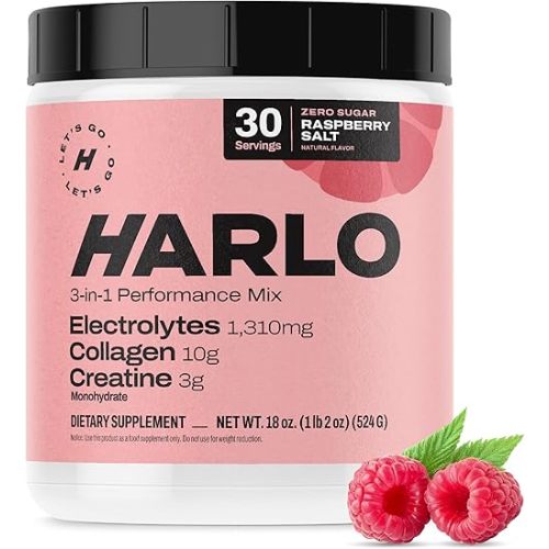 Harlo Electrolytes Powder with Creatine | High Sodium Hydration for Intense Training | Zero Sugar | Includes Collagen | Salty by Design | NSF Certified | Raspberry Salt (30 Servings)