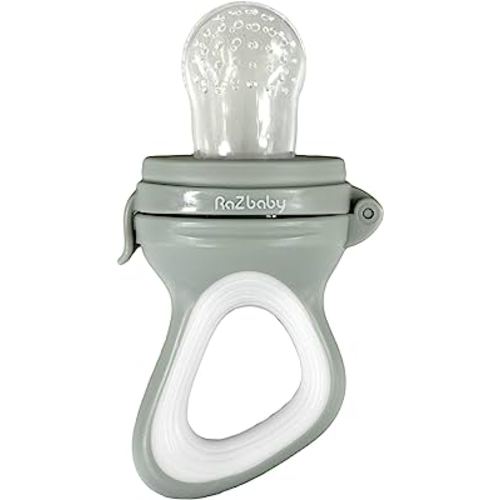 RaZbaby Baby Solids/Frozen Fruit Feeder Pacifier, Infant Teether Toy 6M+, BPA-Free Silicone Pouch & Nipple, Safely Introduce Solids, Natural Teething Relief, Dishwasher Safe, Freezable – Grey/White