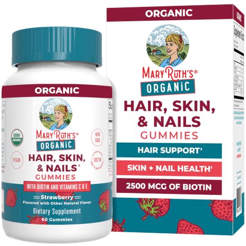 MARYRUTH'S Organic Hair Skin and Nail Vitamins, Ages 14+, Skin Care, 60ct | USDA Organic, 2500 mcg Biotin Gummies, Vitamin C & Vitamin E, Hair Growth, Skin Care, Nail Growth