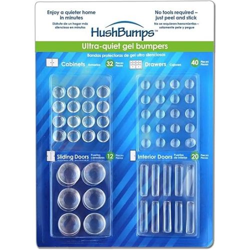 HushBumps Ultra-Quiet Gel Bumpers – 104 Piece Variety Pack – Multi-Layer Polyurethane Absorbs Shock & Dampens Sound – Protect & Quiet Cabinets, Drawers, Interior Doors & Sliding Doors