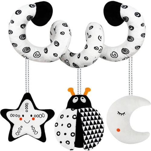 TSYAN Car Seat Toys for Babies 0-6 Months,Hanging Rattle Toys for Crib Mobile, Baby Spiral Hanging Stroller Black and White High Contrast Toys for Newborn 0 3 6 9 12 Months Baby Boys Girls (Bear)