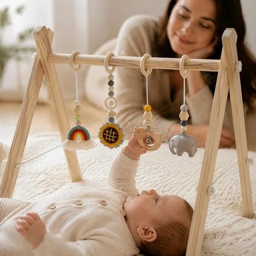 Wooden Baby Gym with 4 Handmade Hanging Toys, Natural Solid Wood Non-Toxic Play Gym for Tummy Time, Foldable Baby Activity Center for 0-12 Months, Baby Shower Gift