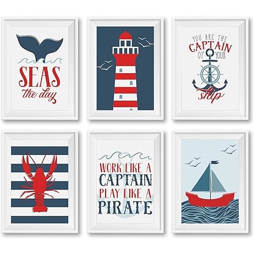 Hadley Designs 6 Reversible 8x10 Nautical Wall Art Prints-Home, Nursery and Bathroom Decor, Baby Shower Decorations, Theme Party Supplies
