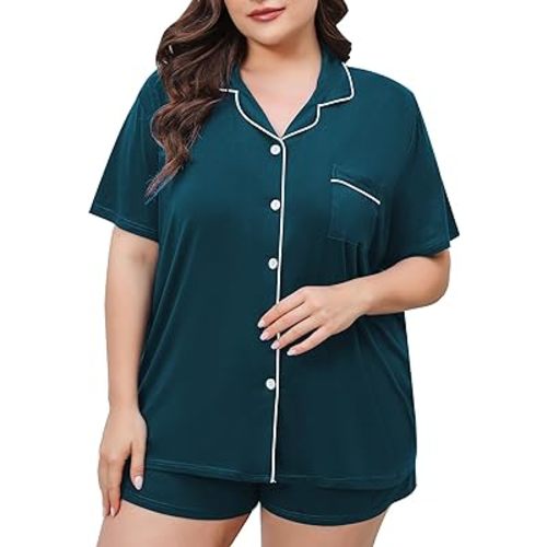 SWOMOG Women's Plus Size Pajamas Set Button Down Tops Short Sleeve Sleepwear Soft Pajama Shorts 2 Pcs Lounge Sets With Pocket