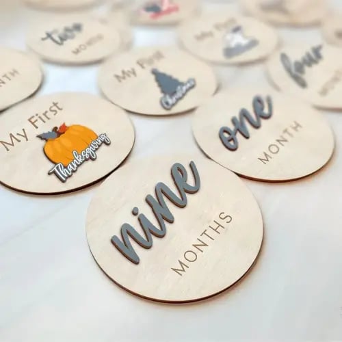 Monthly Baby Milestone and First Holiday Signs, Wooden Baby Months Disc Set 1-12, Hello World Newborn Announcement Props (Blue)