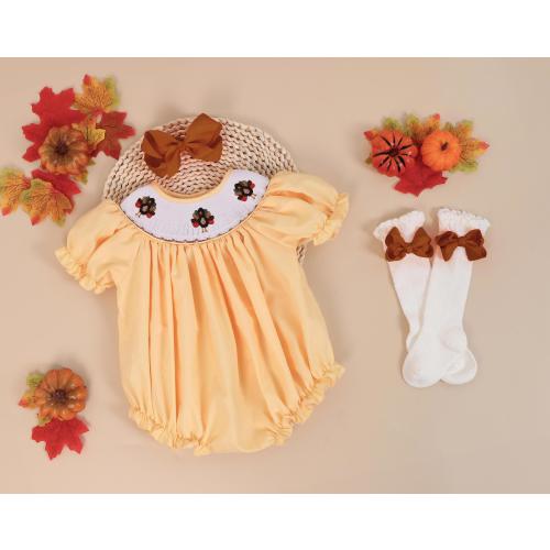 Turkey Smocked Bubble Thanksgiving Romper in Yellow, Embroidered Turkeys Romper, Cute Fall Outfit, Baby Toddler Girl Bubble, Pumpkins