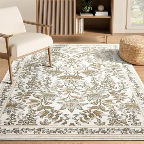 Abani Beige Area Rug – 5' x 8' – Savoy Collection – Vintage Floral Pattern – Easy to Clean – Durable for Living Room, Bedroom, or Dining Room, Pet & Child Friendly
