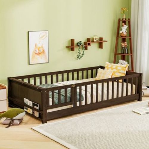 Bellemave Twin Floor Bed with Guardrail and Built-in Book Rack,Rubber Wood Montessori Floor Bed Frame with Door for Kids,No Box Spring Needed,Espresso