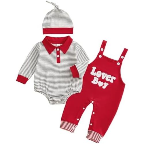 Baby Boy New Year Outfit Turn Down Collar Striped Jumpsuit Overalls and Hat Set New Years Eve Outfit 2026