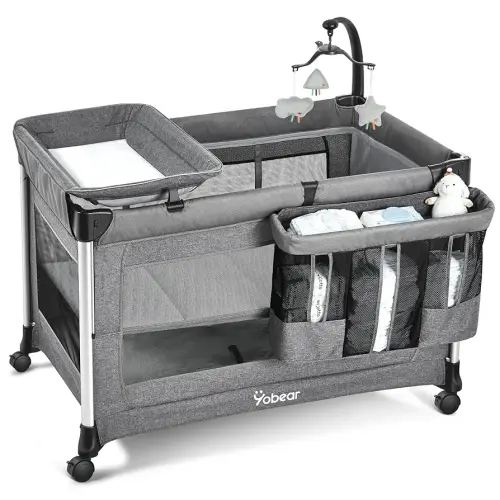 4-in-1 Baby Bassinet with Mattress - One-Push Setup Playard - Bedside Crib with Diaper Changer from Newborn to Toddler (Grey)