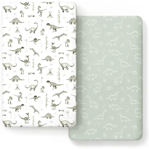 GRSSDER Stretch Ultra Soft Jersey Knit Fitted Crib Sheets Set 2 Pack,Fit All Standard Crib Mattress Pads Safe and Snug, Crib Fitted Sheet for Baby, Dinosaur