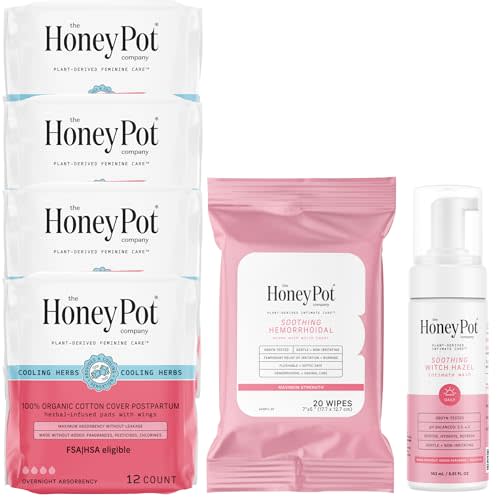 The Honey Pot Company - Postpartum Essentials Bundle - 48ct Postpartum Pads, Witch Hazel Feminine Wash, 20ct Witch Hazel Feminine & Hemorrhoid Wipes