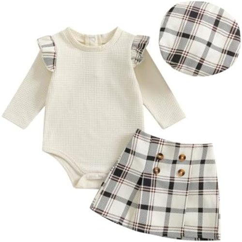 3PCS Infant Baby Girls Ruffles Long Sleeves Knit Romper + A-Line Plaid Skirt + Plaid Beret Hat Sets