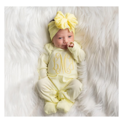 Monogrammed Baby Girl Outfit w/ Big Lace Bow Headband - Yellow – Junie Grace
