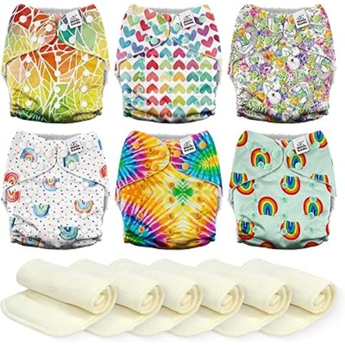 Mama Koala 3.0 Cloth Diapers for Babies, 6 Pack One Size Washable and Reusable Pocket Diapers for Newborns and Toddlers (Rainbow and Love)