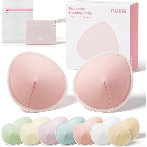 Nuliie Reusable Nursing Pads 14 Pack (7 Pairs), Contour Cup Shape for Better Coverage, Ultra Thin Breast Pads for Leaking Milk, Washable Breastfeeding Pads with Laundry Bag & Wet Bag
