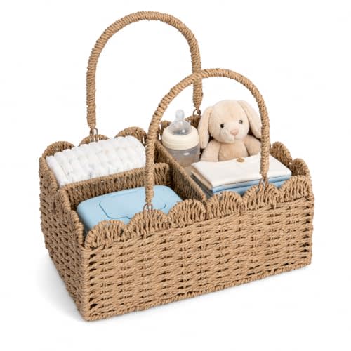 Large Wicker Diaper Caddy Organizer, Scalloped Nursery Basket for Changing Table, Woven Rope Baby Holder with Removable Divider, Portable Organizer for Diapers Wipes Clothes Toys & Essentials (Brown)