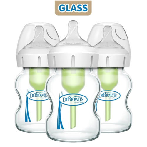 Dr. Brown's Natural Flow Anti-Colic Options+ Wide-Neck Glass Baby Bottles 5 oz/150 mL, with Level 1 Slow Flow Nipple, 3 Pack, 0m+