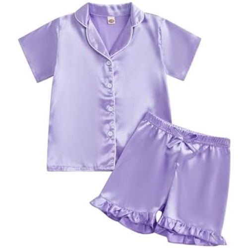 fyclemt Toddler Baby Girl Boy Silk Pajamas Set Solid Color Short Sleeve Button Shirts Top Shorts Satin Sleepwear Lounge Sets