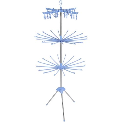 EVGATSAUTO Foldable Drying Rack 3 Tier Foldable Stand with Clips Support Rods for Towels Underwear Baby Clothes Drying on Balconies (Blue (ZP0521-3))