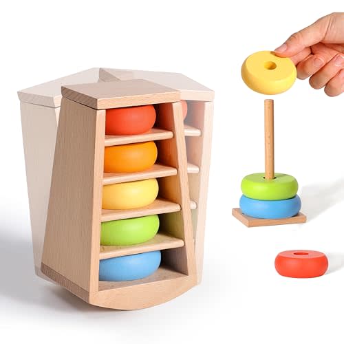 Woodtoe Rainbow Rings Size Sorting Toys, Wooden Montessori Stacking Toy for Babies 18+ Months, Rainbow Stacker, Wooden Ring Educational Easter Toys, Sensory Travel Game for Baby Toddlers Boys Girls