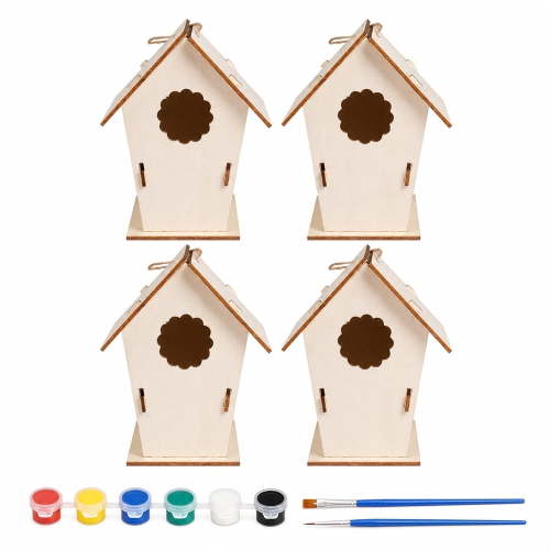 4 Pack DIY Wooden Birdhouse Kits, Unpainted Natural Wood with Paints & Brushes, DIY Craft Mini Bird Nest for Indoor Outdoor