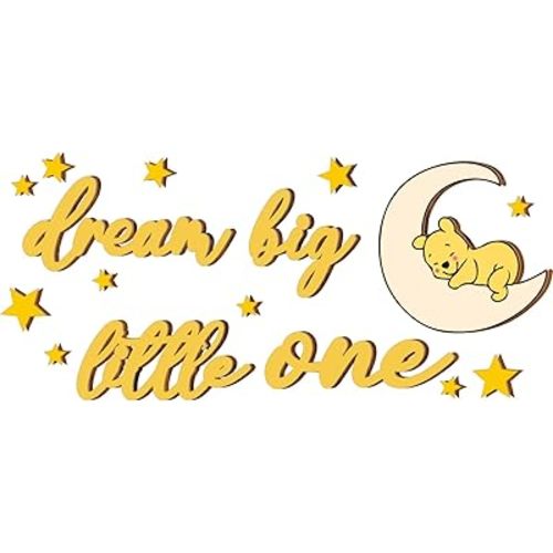 Moon and Stars Nursery Wall Art Decor - 16 Pcs Bear Wooden Words Decor Dream Big Little One Teen Girl Room Decoration - for Baby Boys Girls Room Home Wall Decoration