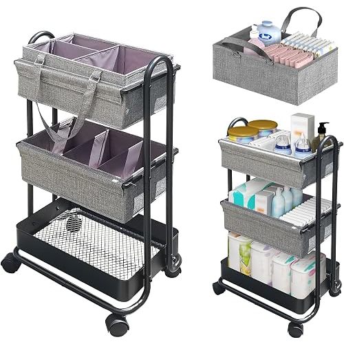 2In1 Baby Diaper Caddy Organizer with Dividers,3-Tier Diaper Rolling Cart,Mobile Metal Utility Cart for Baby Nursery,Baby Bedside Cart, Large Capacity Black
